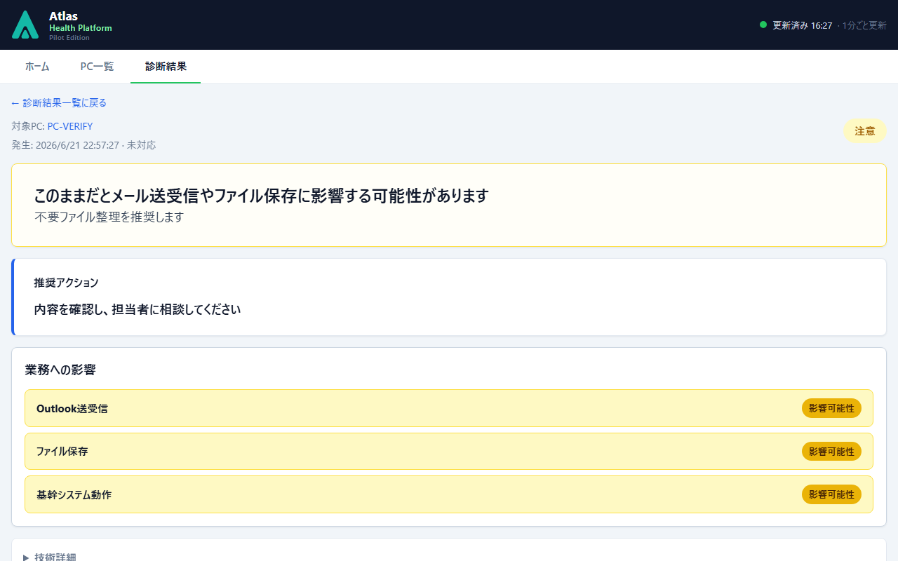 Atlas 診断詳細 — 推奨アクション